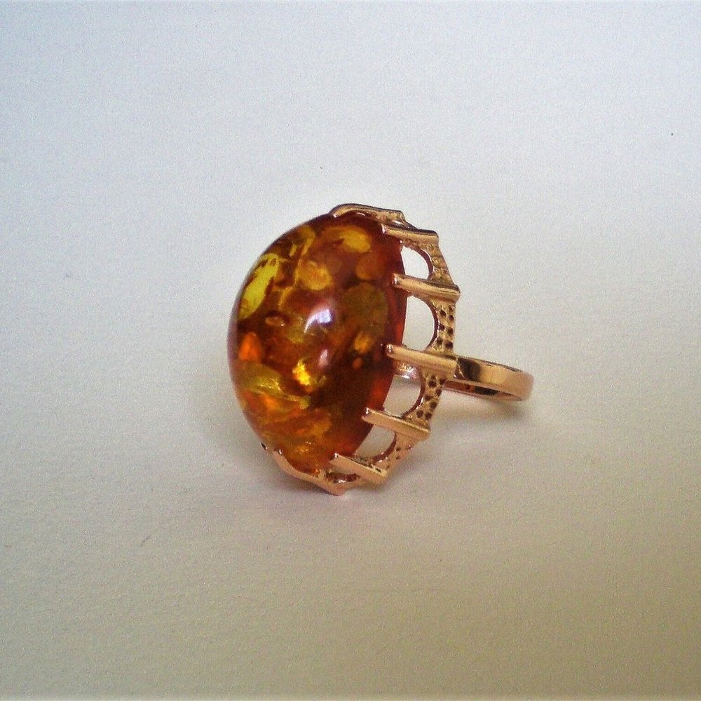 Vintage Russian USSR 14K 583 Rose Pink Gold Honey Baltic Amber Cocktail RING